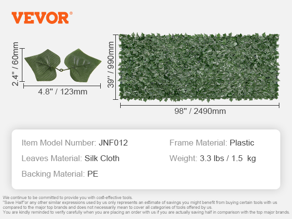 VEVOR mākslīgā efejas lapu privātuma žoga izmēri, lapu detaļas, modelis jnf012, zīda audums, pe, plastmasa, 3,3 lbs.