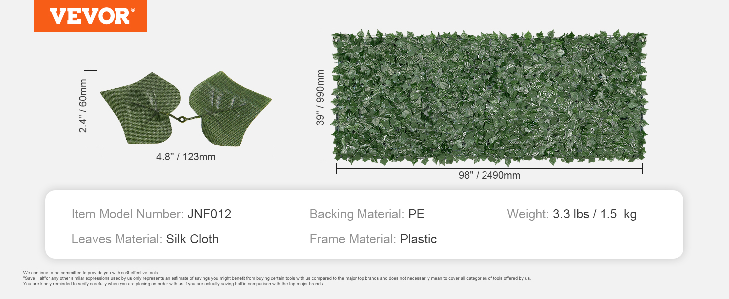 VEVOR mākslīgā efejas lapu privātuma žoga izmēri, lapu detaļas, modelis jnf012, zīda audums, pe, plastmasa, 3,3 lbs.