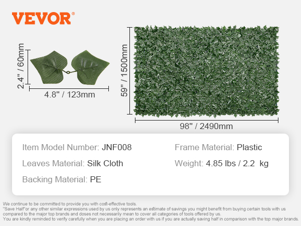 VEVOR ivy privacy fence with silk cloth leaves, pe backing, and plastic frame, dimensions: 98"x59".