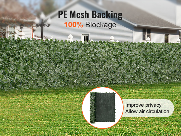 VEVOR ivy privacy fence with pe mesh backing providing 100% blockage and enhanced privacy in a backyard.