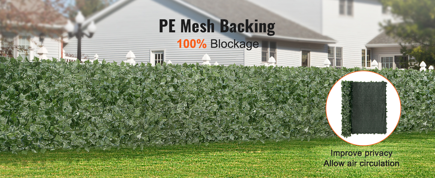 VEVOR ivy privacy fence with pe mesh backing providing 100% blockage and enhanced privacy in a backyard.