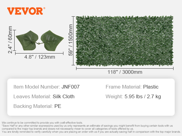 VEVOR artificial green wall: silk cloth leaves, pe backing, plastic frame, 59"x118", 5.95 lbs.