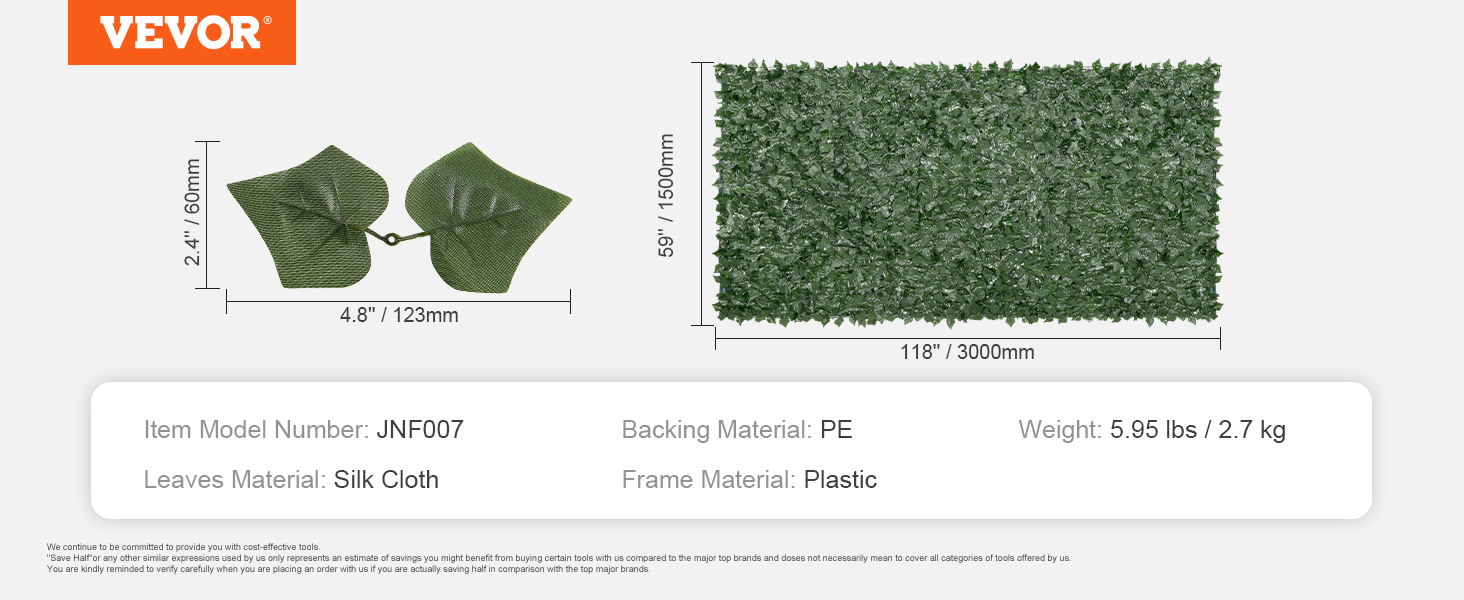 VEVOR artificial green wall: silk cloth leaves, pe backing, plastic frame, 59"x118", 5.95 lbs.