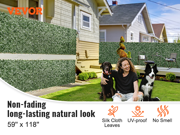 VEVOR artificial green wall in a backyard setting with pets, promoting its non-fading, long-lasting natural look.