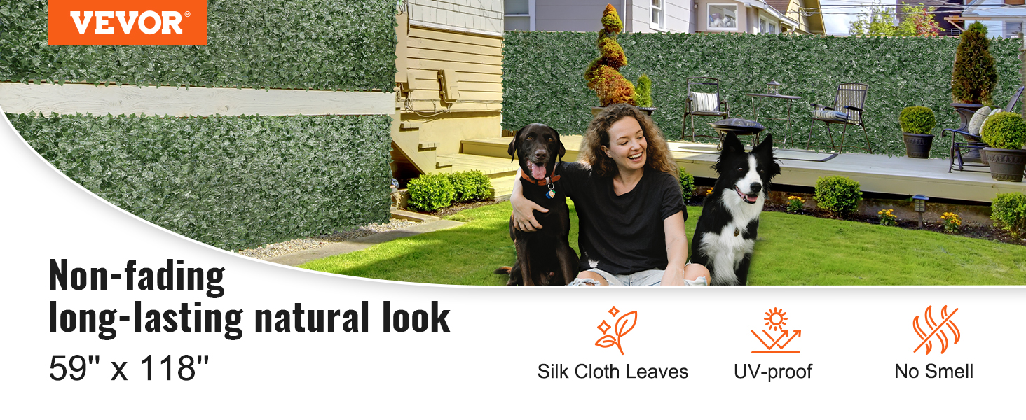 VEVOR artificial green wall in a backyard setting with pets, promoting its non-fading, long-lasting natural look.