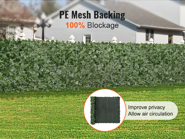 VEVOR artificial green wall with pe mesh backing for 100% blockage, enhancing privacy and air circulation.
