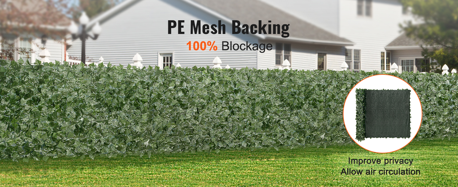 VEVOR artificial green wall with pe mesh backing for 100% blockage, enhancing privacy and air circulation.