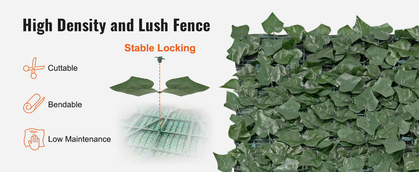 VEVOR artificial green wall with high-density lush leaves, highlighting cuttable, bendable, low maintenance features.