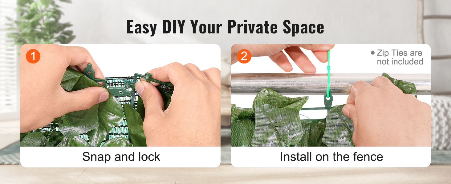 hands demonstrating installation of VEVOR artificial green wall: snap and lock; attach to fence with zip ties.