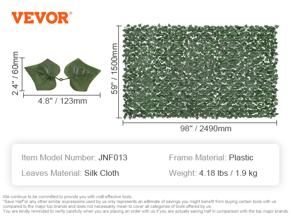 VEVOR ivy privacy fence model jnf013 with silk cloth leaves, dimensions 59"x98".