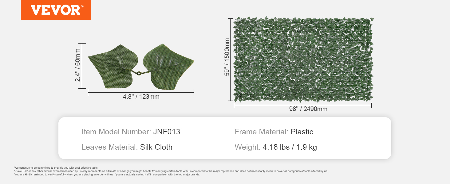 VEVOR ivy privacy fence model jnf013 with silk cloth leaves, dimensions 59"x98".
