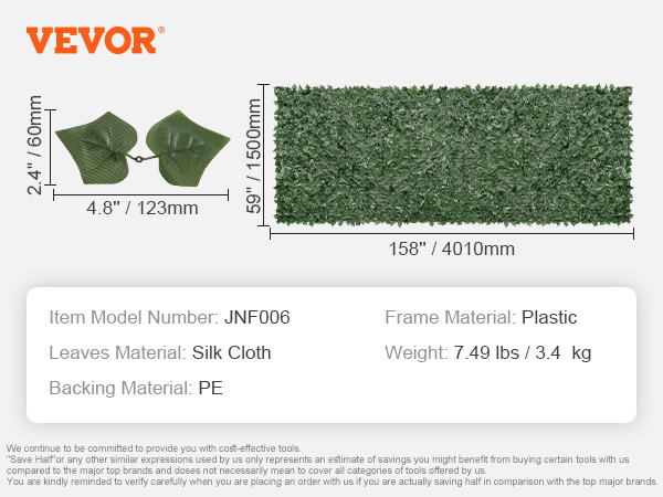 VEVOR efejas privātuma žoga izmēri: Lapas: zīda audums. pamatne: pe. rāmis: plastmasa. svars: 7,49 lbs.