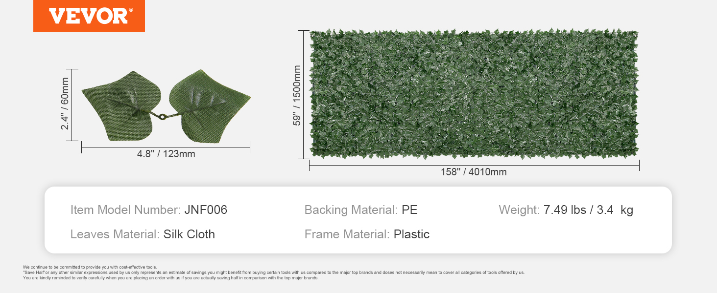 VEVOR efejas privātuma žoga izmēri: Lapas: zīda audums. pamatne: pe. rāmis: plastmasa. svars: 7,49 lbs.