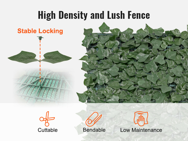 high-density and lush VEVOR ivy privacy fence with stable locking, cuttable, bendable, and low maintenance.