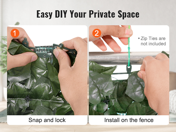 easy diy installation of VEVOR ivy privacy fence with snap and lock and fence attachment steps.