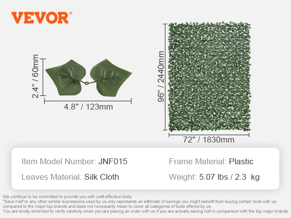VEVOR ivy privacy fence, plastic frame, silk cloth leaves, 96"x72", 5.07 lbs. item: jnf015.