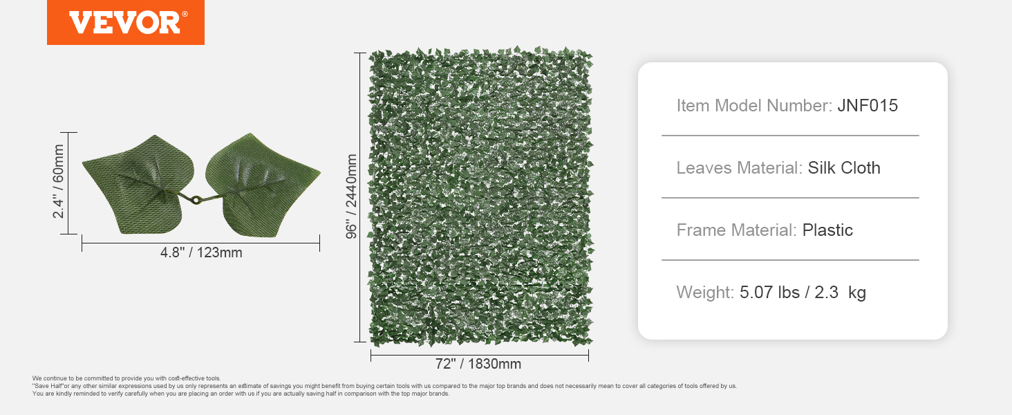 VEVOR ivy privacy fence, plastic frame, silk cloth leaves, 96"x72", 5.07 lbs. item: jnf015.