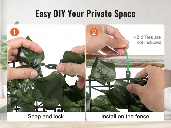 diy steps for VEVOR ivy privacy fence; snap and lock ivy leaves, install on fence using zip ties.