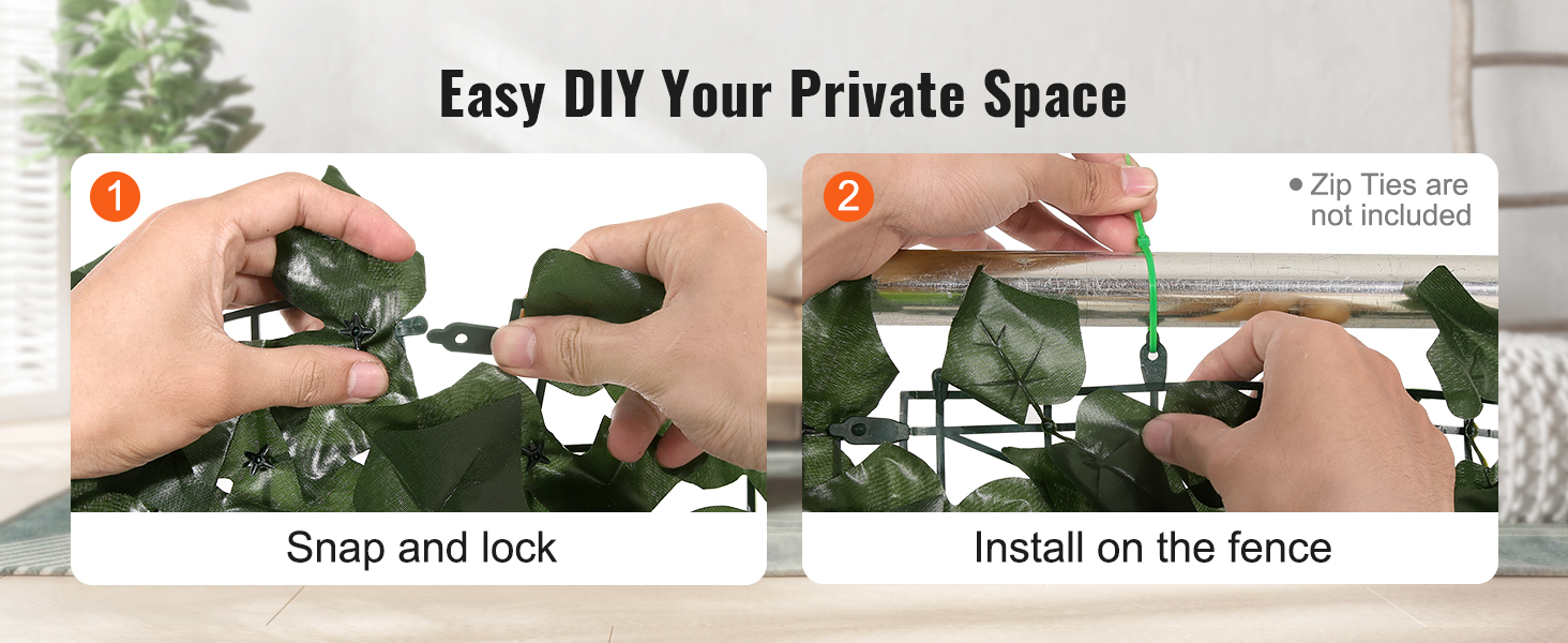 diy steps for VEVOR ivy privacy fence; snap and lock ivy leaves, install on fence using zip ties.