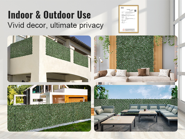 VEVOR ivy privacy fence for indoor and outdoor use, showing various decor applications and sgs certification.