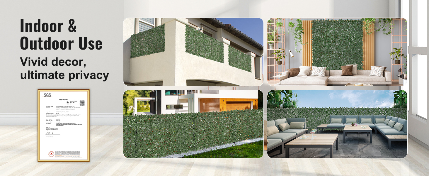 VEVOR ivy privacy fence for indoor and outdoor use, showing various decor applications and sgs certification.