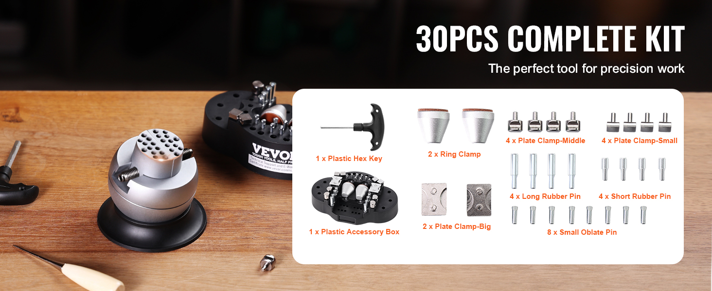 VEVOR ball vise 30pcs complete kit on wooden table; tool accessories displayed.