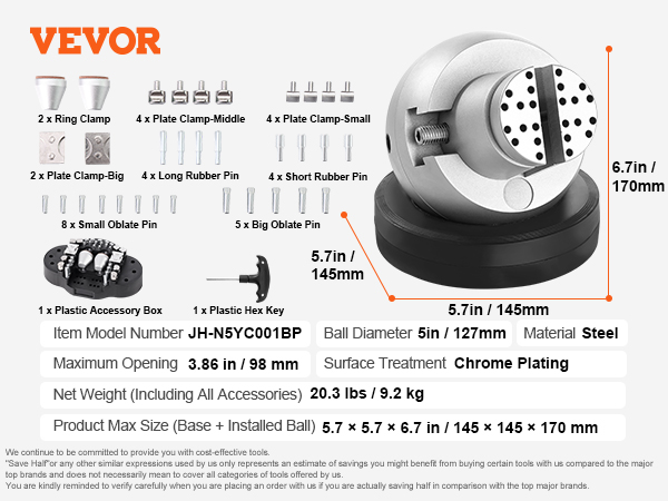 VEVOR ball vise with accessories including clamps, pins, and a hex key. max opening 3.86in/98mm.