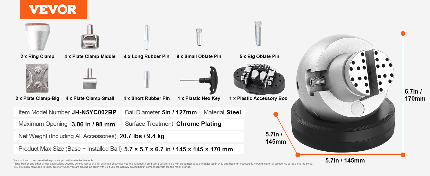 VEVOR ball vise with accessories including clamps, pins, and a hex key. max opening 3.86in/98mm.