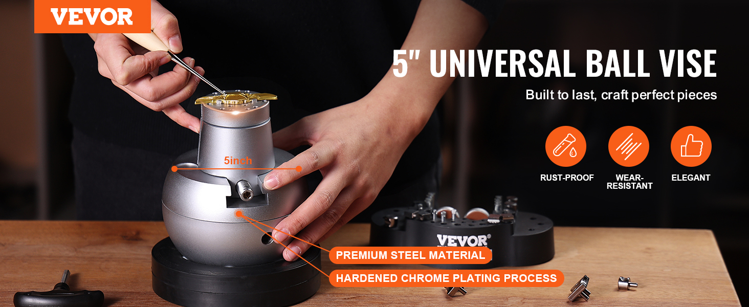 5" VEVOR ball vise with chrome plating, steel material, and rust-proof, wear-resistant features.