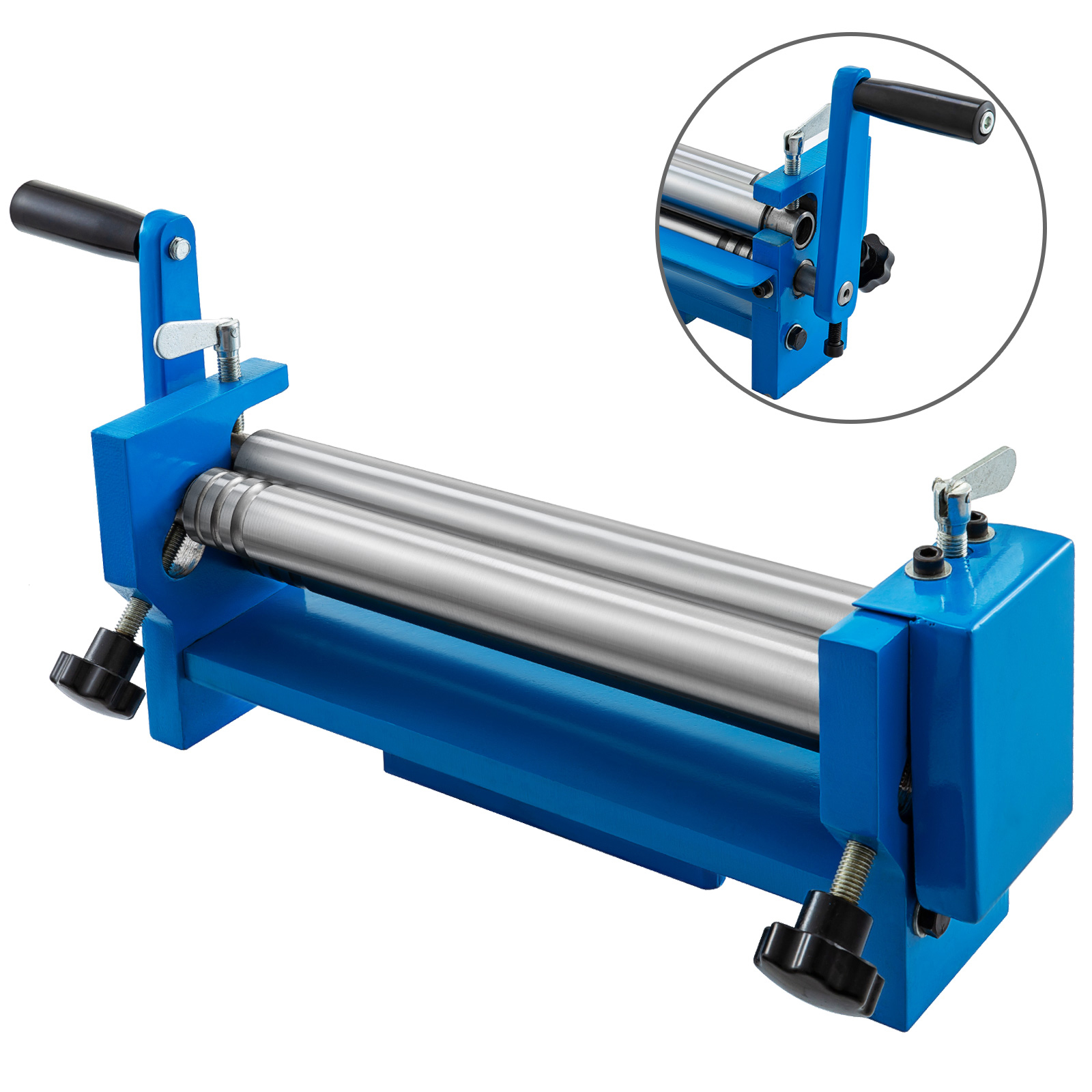 VEVOR slip roll machine with blue frame and manual handle for sheet metal bending.