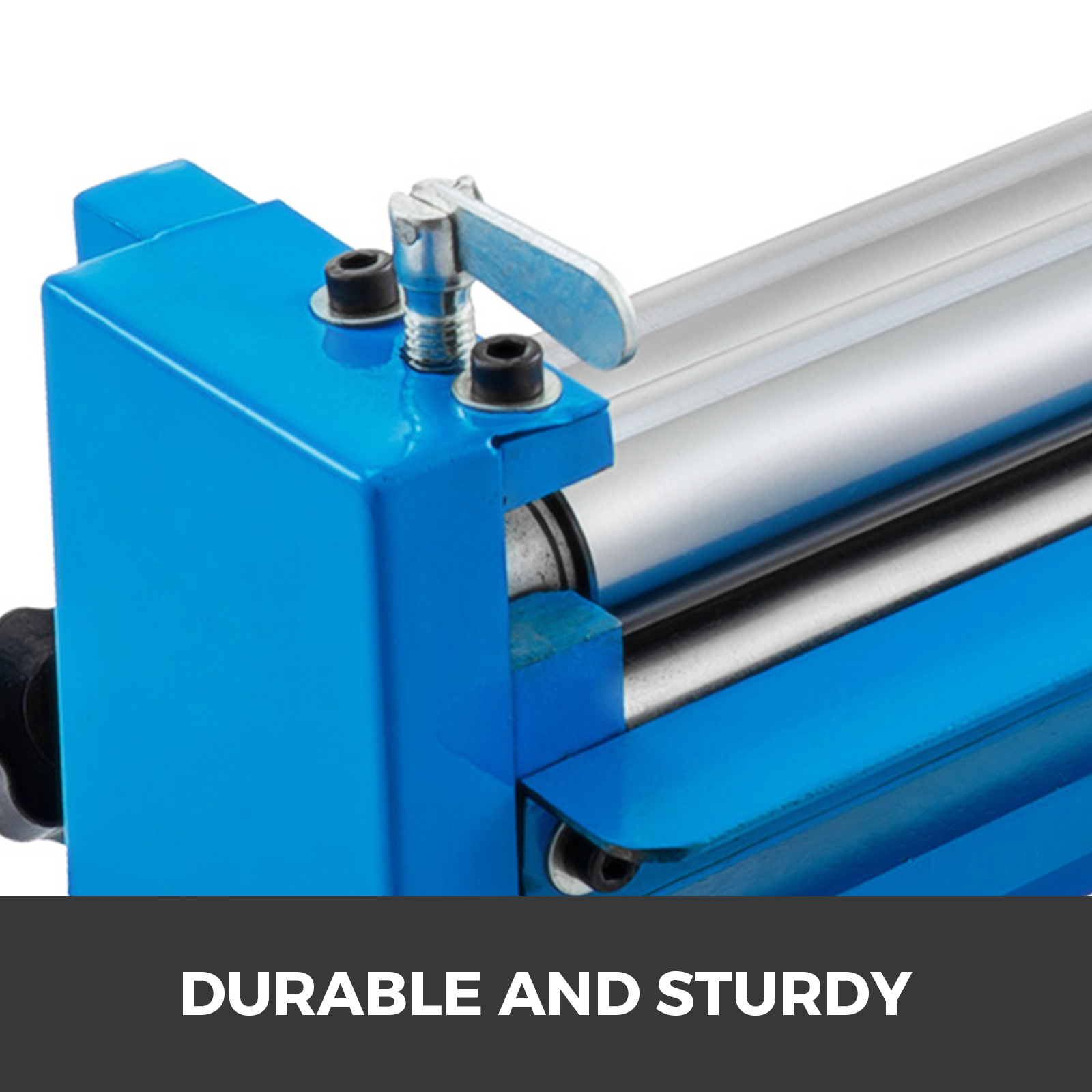 close-up of the VEVOR slip roll machine in blue showing durable construction.