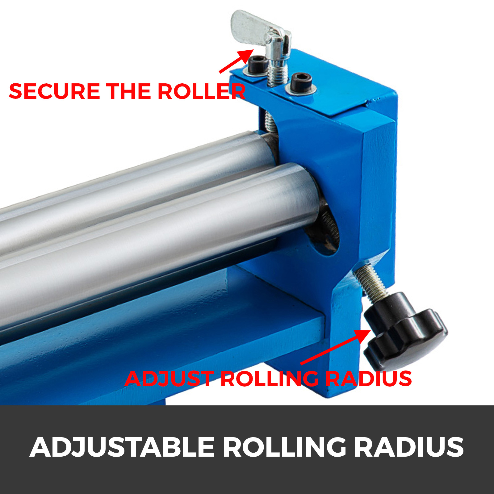 VEVOR slip roll machine with adjustable rolling radius, secure roller clamp.