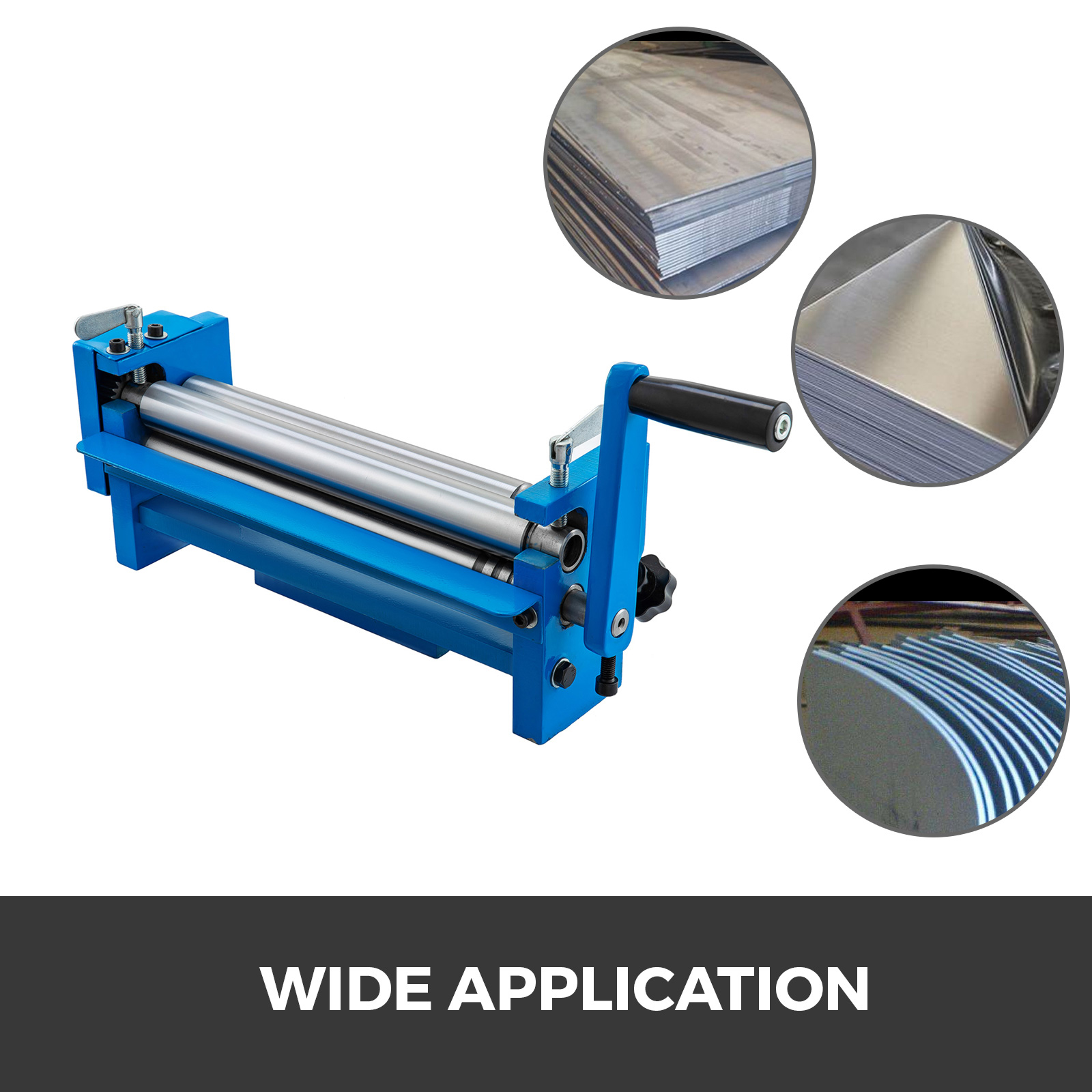 VEVOR slip roll machine with images showcasing metal sheet applications. wide application.