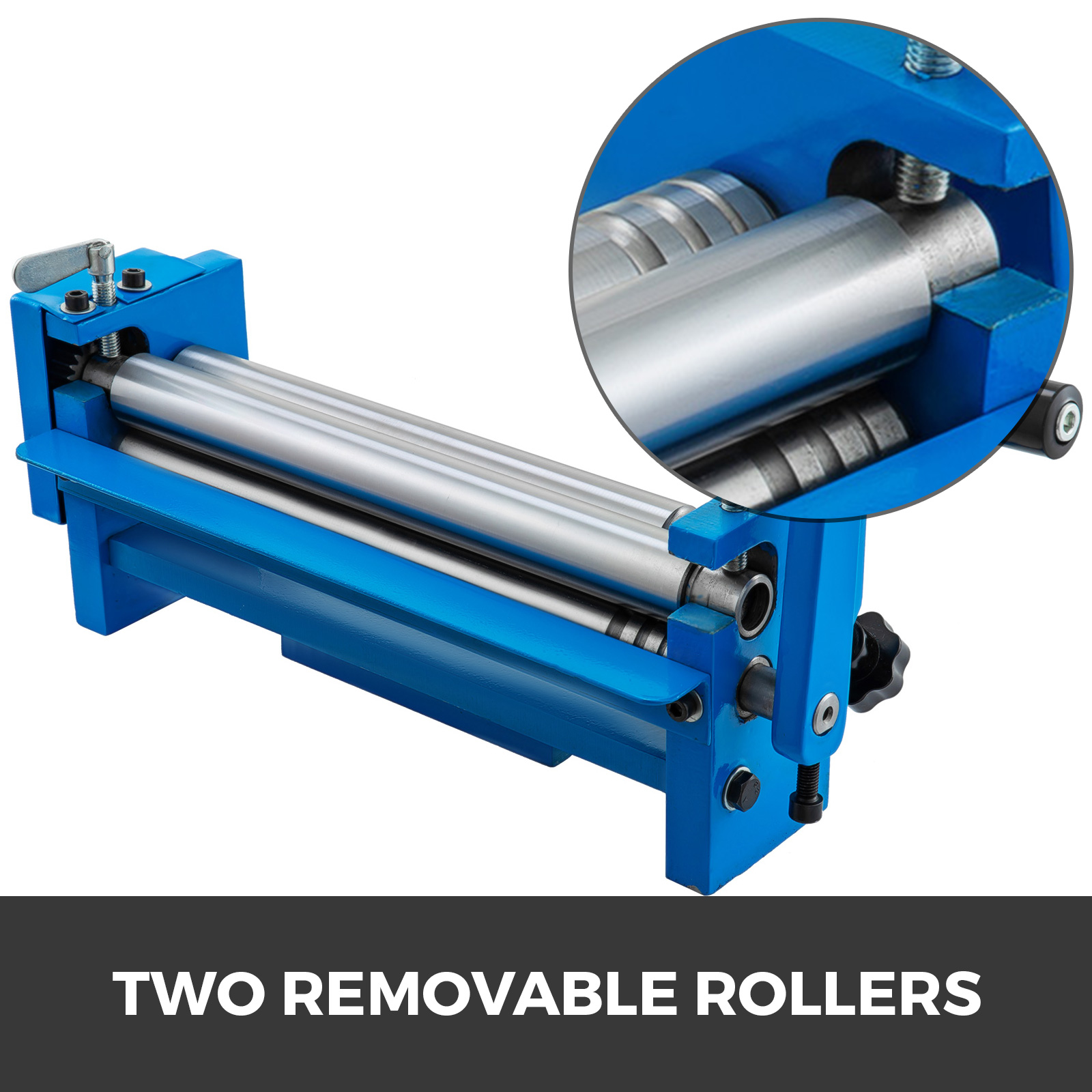 VEVOR slip roll machine with two removable rollers in a blue frame.