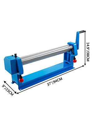 VEVOR slip roll machine with blue frame, hand crank, and dimensions marked.