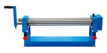 blue VEVOR slip roll machine with a manual handle and three metal rollers.
