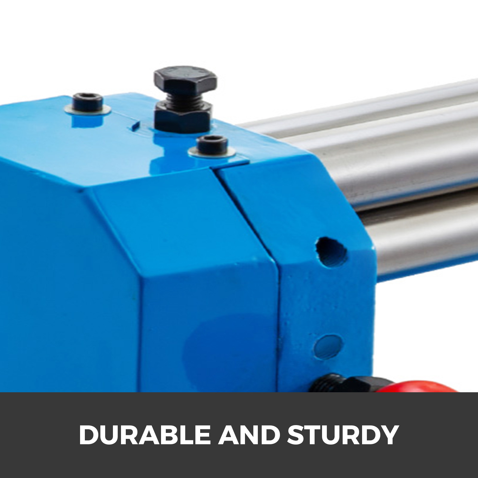 close-up of blue VEVOR slip roll machine with metal rollers, showcasing durability.