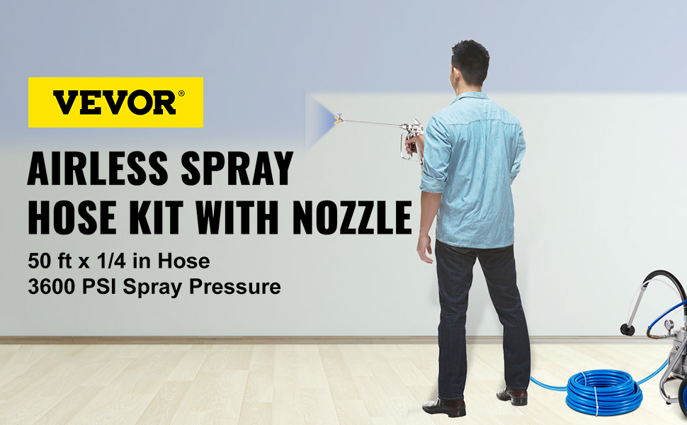 man using VEVOR airless paint sprayer hose, spraying a light-colored wall.