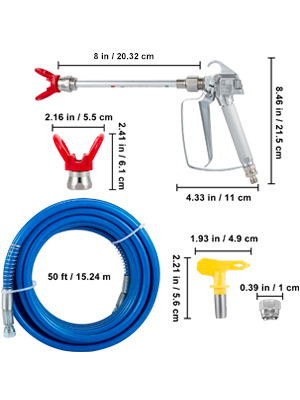 VEVOR airless paint sprayer hose with gun, 50-ft blue hose, and nozzles in various sizes.