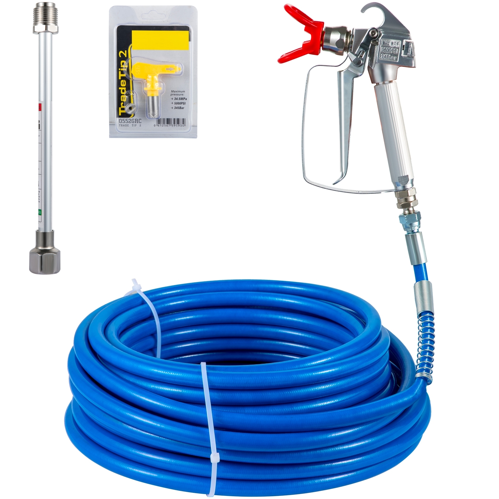 VEVOR airless paint sprayer hose with gun, tip, and connector.