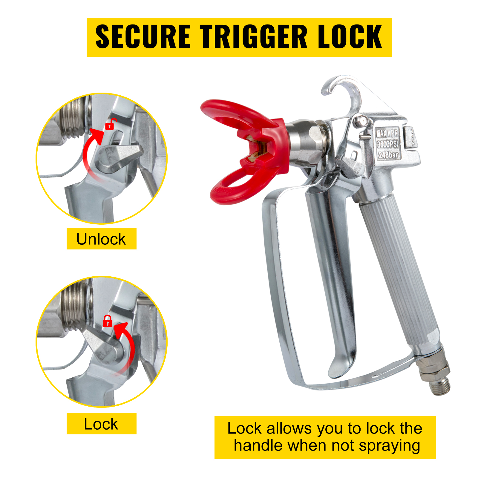 secure trigger lock for VEVOR airless paint sprayer hose with unlock and lock positions.