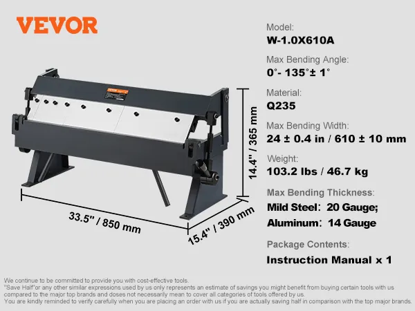 VEVOR sheet metal bending brake w-1.0x610a, max bending angle 0°-135°, 103.2 lbs, q235 material