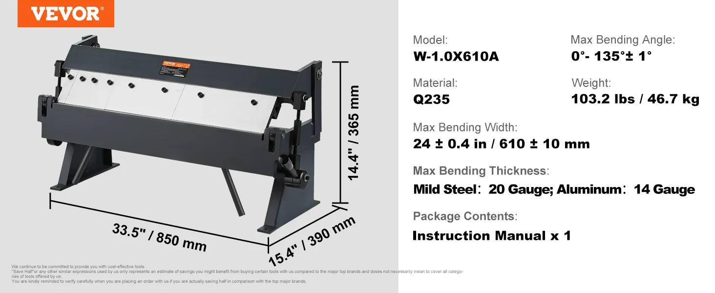 VEVOR sheet metal bending brake w-1.0x610a, max bending angle 0°-135°, 103.2 lbs, q235 material