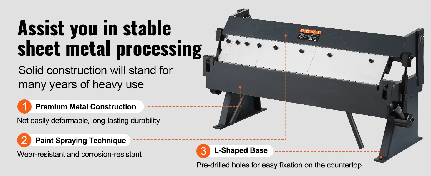 VEVOR sheet metal bending brake with premium metal construction, paint spraying technique, and l-shaped base.