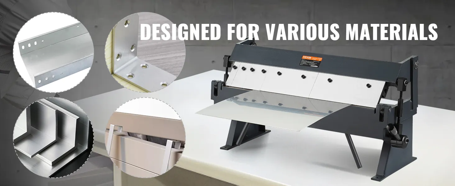 VEVOR sheet metal bending brake designed for various materials shown with examples of bent sheet metal.