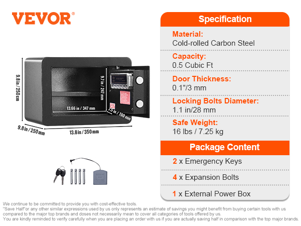 VEVOR safe with a capacity of 0.5 cubic ft, showing dimensions and package contents including emergency keys.