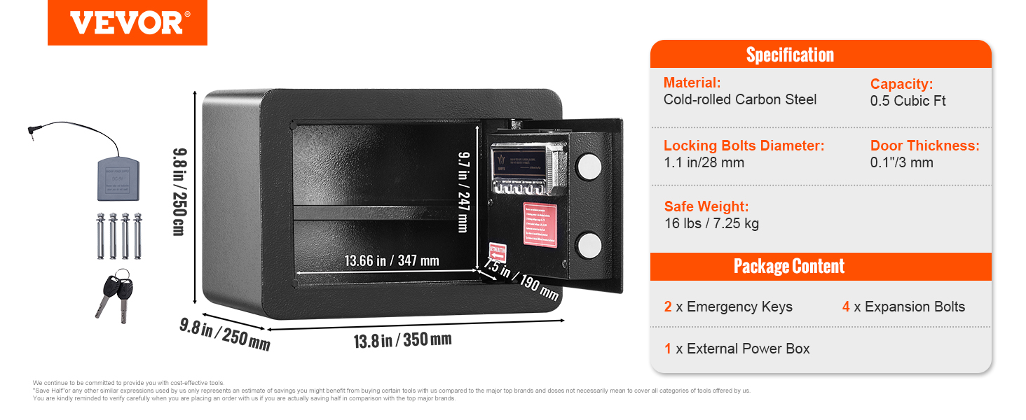 VEVOR safe with a capacity of 0.5 cubic ft, showing dimensions and package contents including emergency keys.