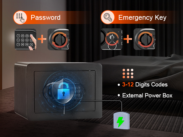 VEVOR safe in a bedroom with password, emergency key, 3-12 digit codes, and external power box.