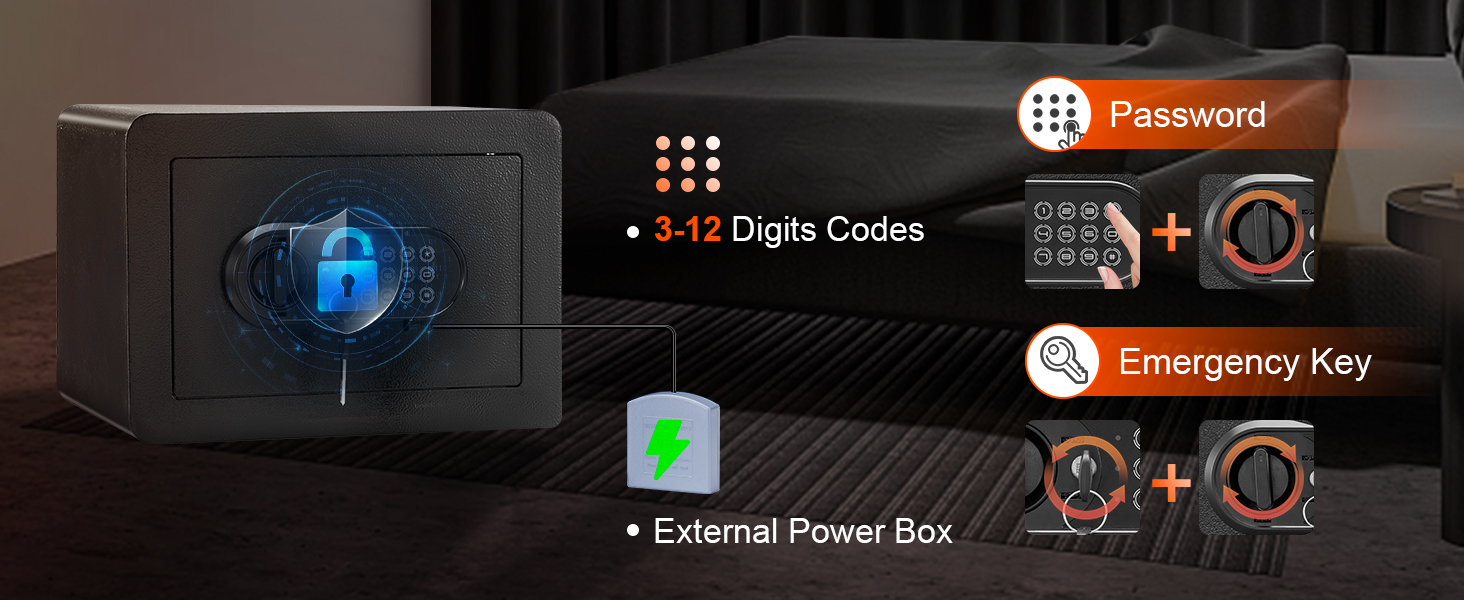 VEVOR safe in a bedroom with password, emergency key, 3-12 digit codes, and external power box.
