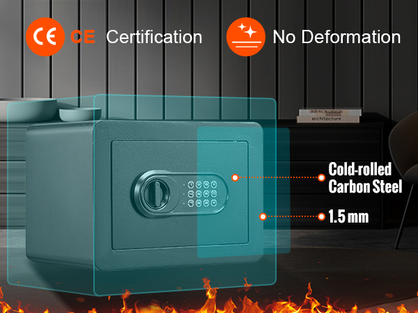 VEVOR safe, ce certified, cold-rolled carbon steel, 1.5mm, no deformation, fire-resistant design.